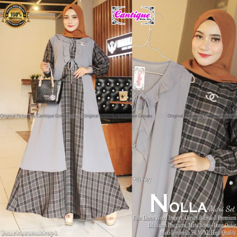 Nolla Set Pakaian Wanita Setelan Maxi Busui + Long Outer Fab Linen Wood Import High Quality