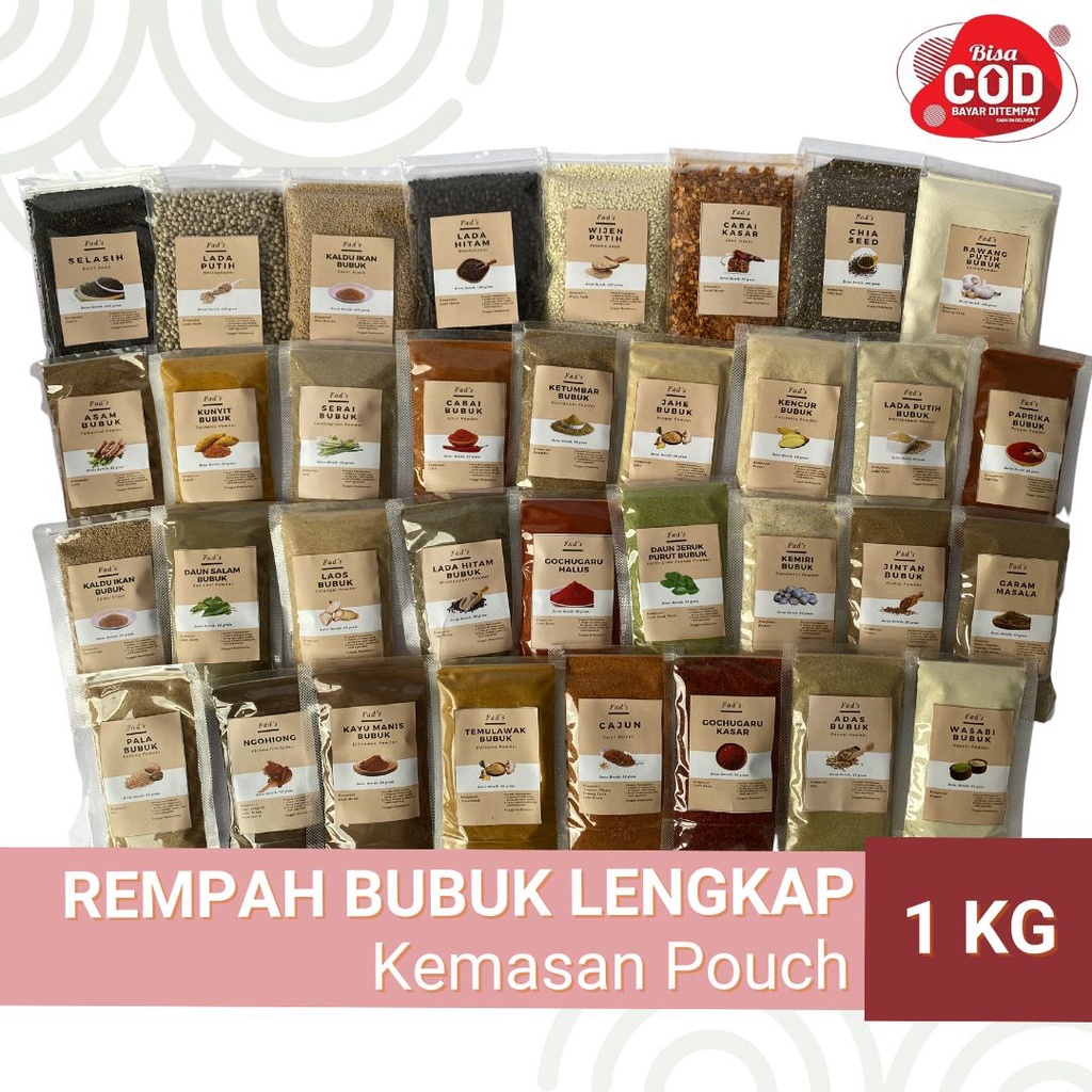 Fad's Rempah Bubuk Lengkap 1kg - Bumbu Dapur Bubuk Lengkap - Adas Asam Bawang Cabai Ngohiong Daun Jeruk Salam Gochugaru Jahe Jintan Kayu Manis Kemiri Kencur Ketumbar Kunyit Lada Hitam Lada Putih Laos Pala Paprika Selasih Serai Temulawak WIjen-Rempah JSR