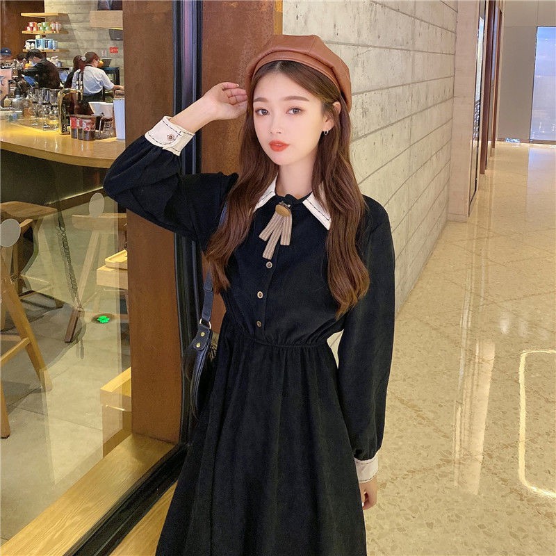 dress korea style/ Casual dres wanita retro rok a-line mid-length lengan panjang kerah POLO/baju wanita/ baju kore/ pakaian korea