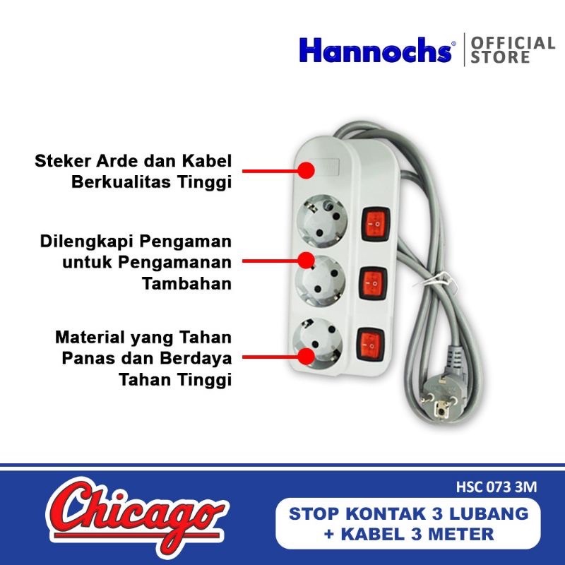 Stop Kontak3 Lubang &amp; 4 Lubang + Saklar Lampu 3 Meter Chicago Hannochs