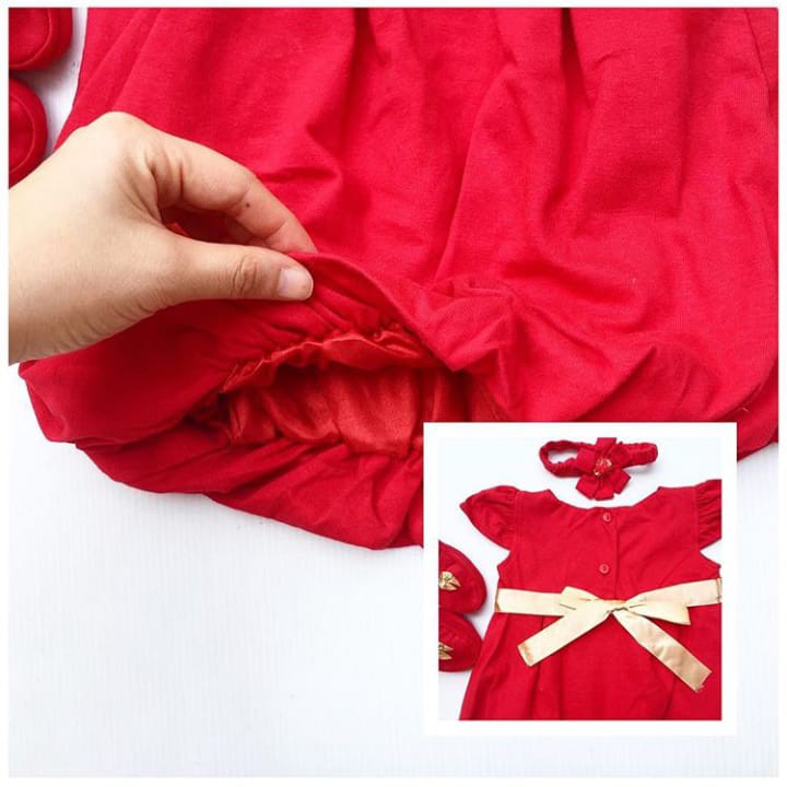 Baju setelan dress bandana merah pergi natal sincia fashion anak bayi cewek perempuan murah red