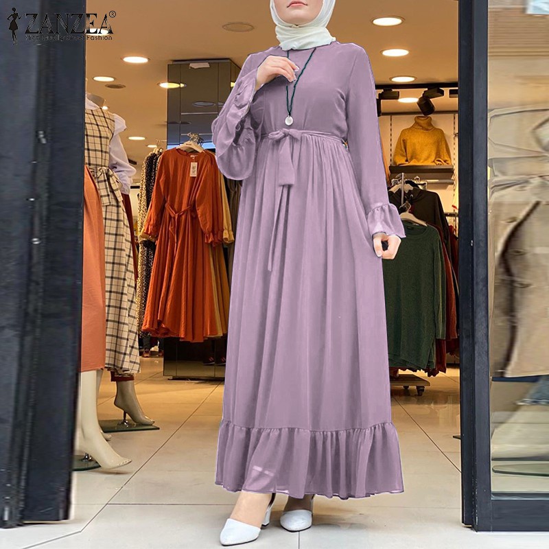 ZANZEA Women Flare Sleeve Retro Casual Plus Size Muslim Long Dress