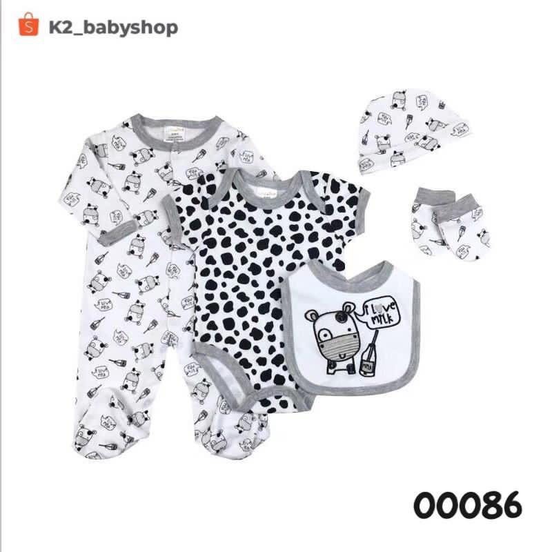 BABY K2 - BABY BODYSET 5 IN 1 MOTIF COW I LOVE MILK MEREK LITTLEDUCK KODE 00086