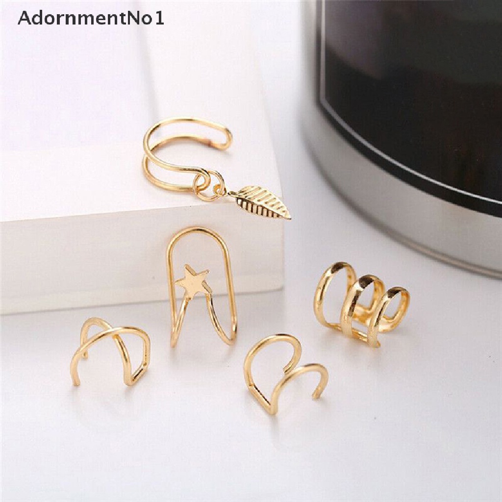 (AdornmentNo1) 5pcs / Set Anting Klip Tanpa Tindik Motif Daun Aksen Hollow Untuk Perhiasan Wanita / Hadiah