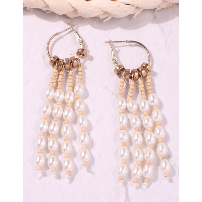LRC Anting Tusuk Fashion Gold Alloy Pearl Tassel Earrings F72473
