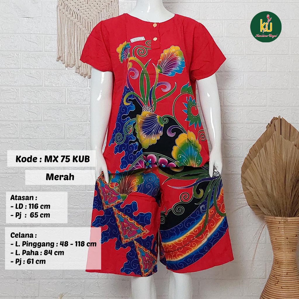 Bisa COD MX75 KUB | Setelan Kulot Celana Pendek Batik Kencana Ungu Asli Label Biru | Baju Santai Piyama Tidur Wanita Kancing Depan Busui Friendly Motif Terbaru-Merah F