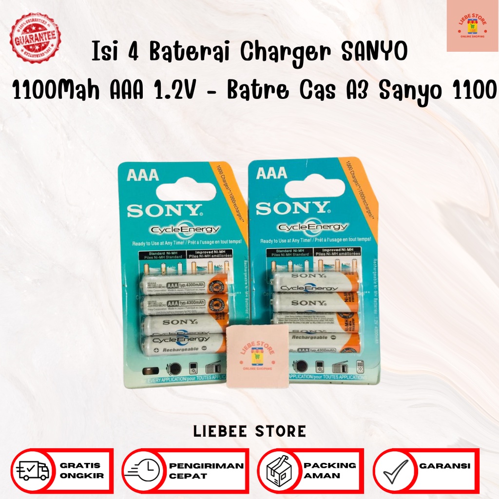 Isi 4 Baterai Charger SANYO 1100Mah AAA 1.2V - Batre Cas A3 Sanyo 1100