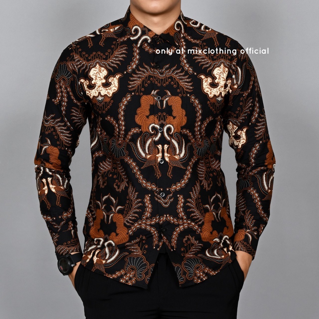 New Premium Baju Kemeja Batik Pria Slimfit Lengan Panjang 1814 Coklat