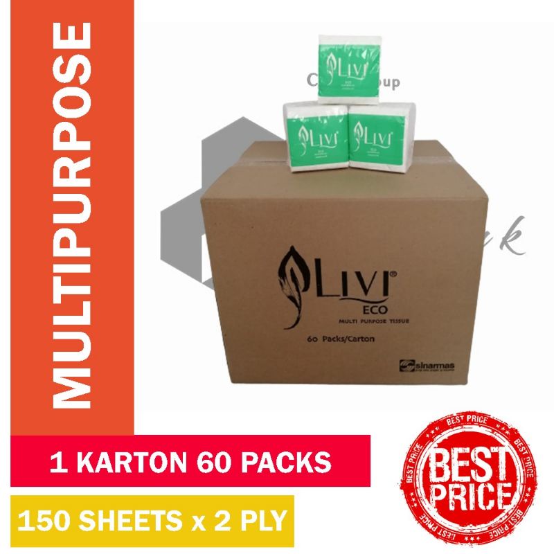 Tissue LIVI Eco Multipurpose 150's / Tissue Meja / Tissue Makan (KARTONAN)