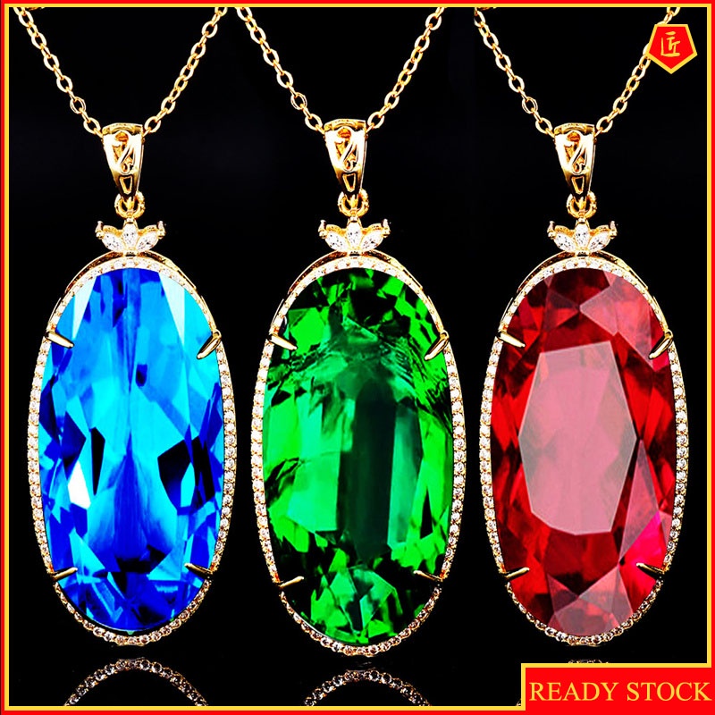 [Ready Stock]Luxury 18K Gold Emerald Pendant European and American Colored Gems Necklace