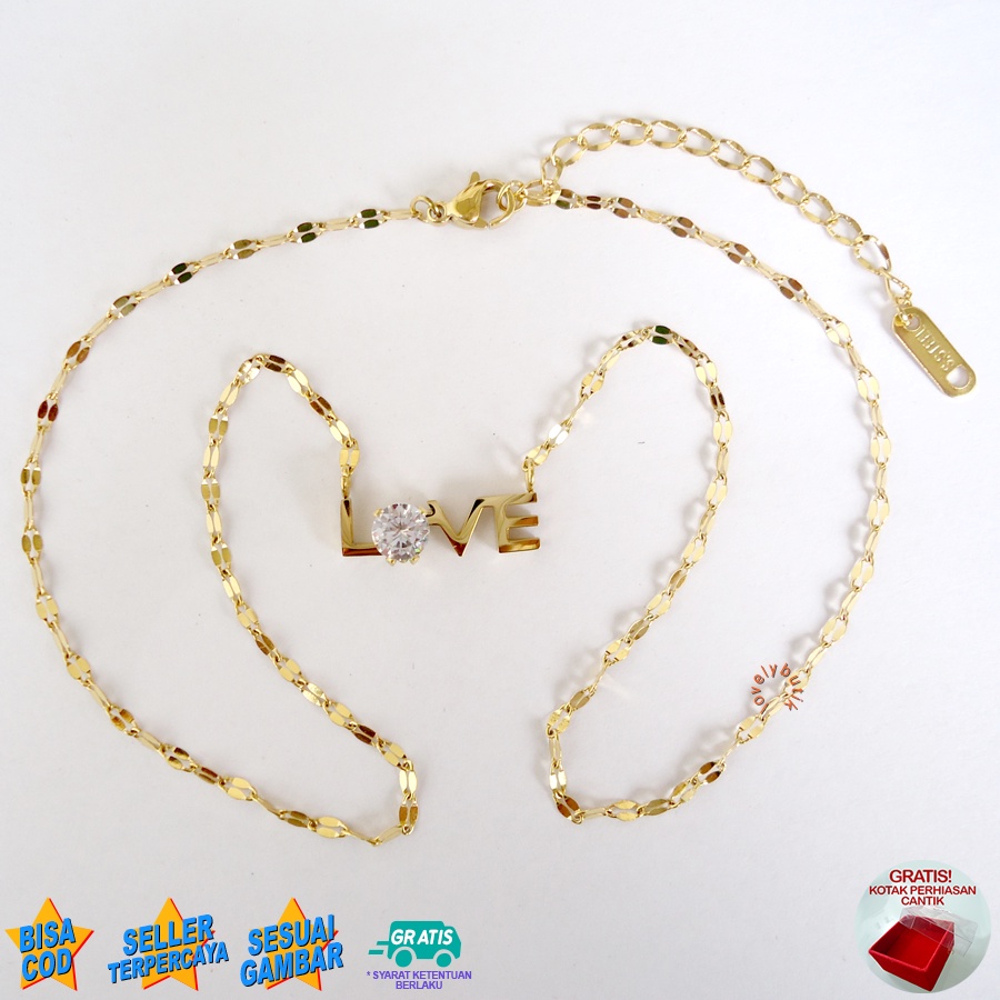 Lovelybutik - Kalung Titanium Wanita Anti Karat Anti Luntur Plus Liontin Tulisan Love 4Irin Kalung Titanium Asli Bonus Tempat Perhiasan