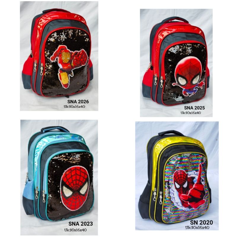 Ransel Sequin Manik Usap Import Avenger Spiderman Tas Sekolah 16 Inch Anak Laki