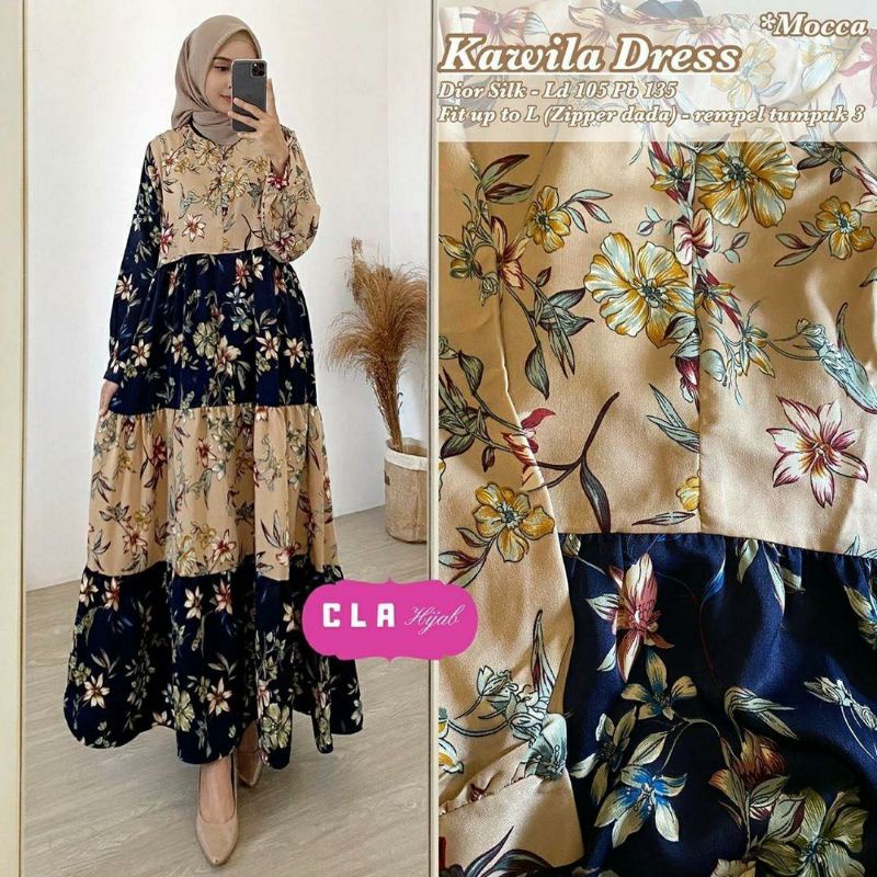 Kawila Dress, GAMIS MUSLIM CANTIK MOTIF BUNGA FIT XL LD 104 BAHAN DLOR SILK ZIPPER BUSUI TERMURAH OOTD