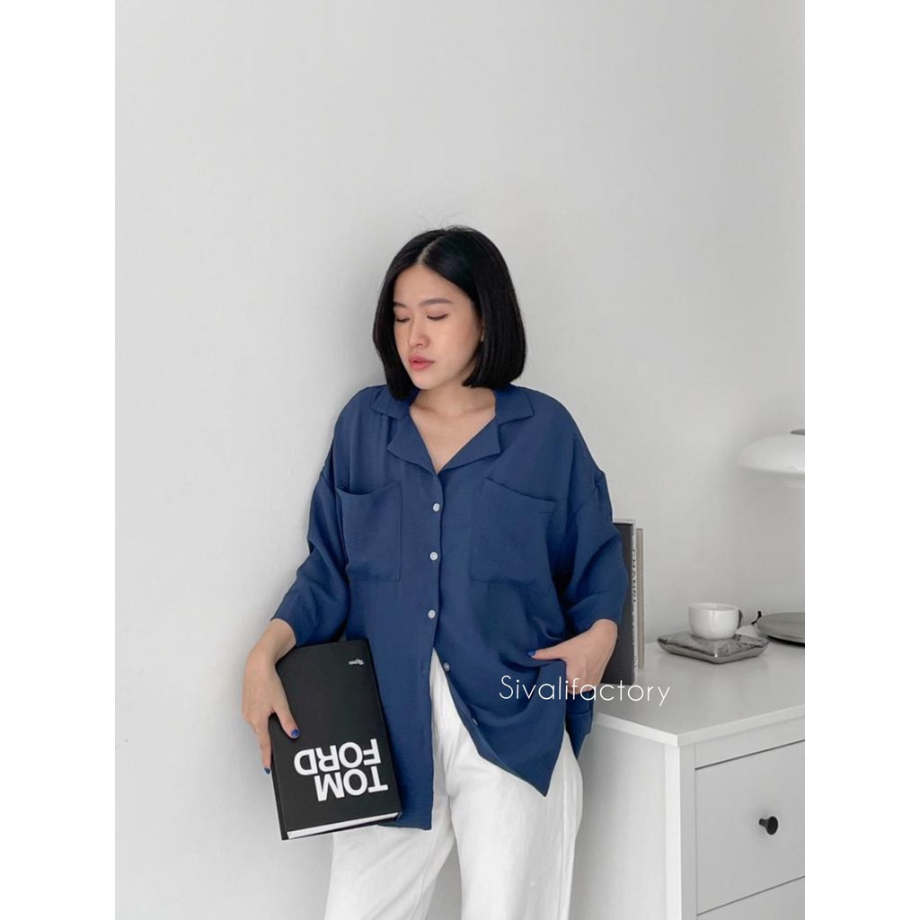 SIVALI Saff Top | Kemeja Loose Crinkle Double Pocket - Oversized Loose Shirt - Atasan Wanita