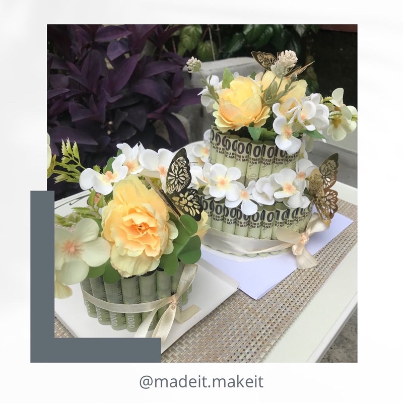 Jasa Pembuatan Gift Money Cake 2 Tingkat | Flower Cake Gift | Kue Bunga Uang