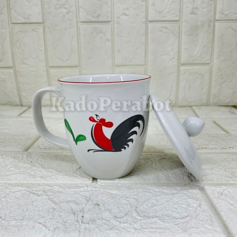 Cangkir Ayam Free Tutup - Mug Ayam Keramik - Gelas Gagang Motif Ayam