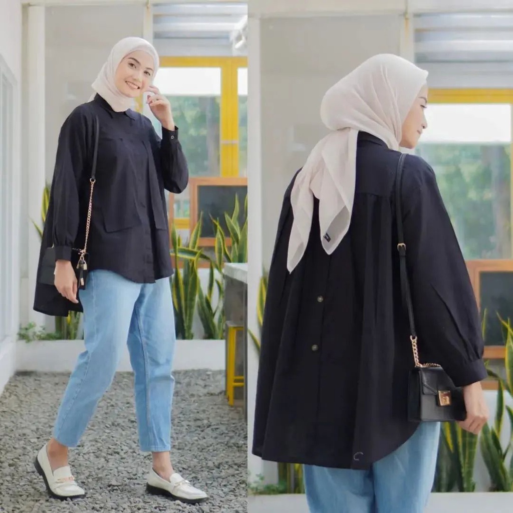 Blouse Hitam Jumbo Glenca blouse katun rayon ( kancing depan ) Blouse wanita korean style 2023 Baju atasan wanita jumbo Kemeja putih busui model terbaru