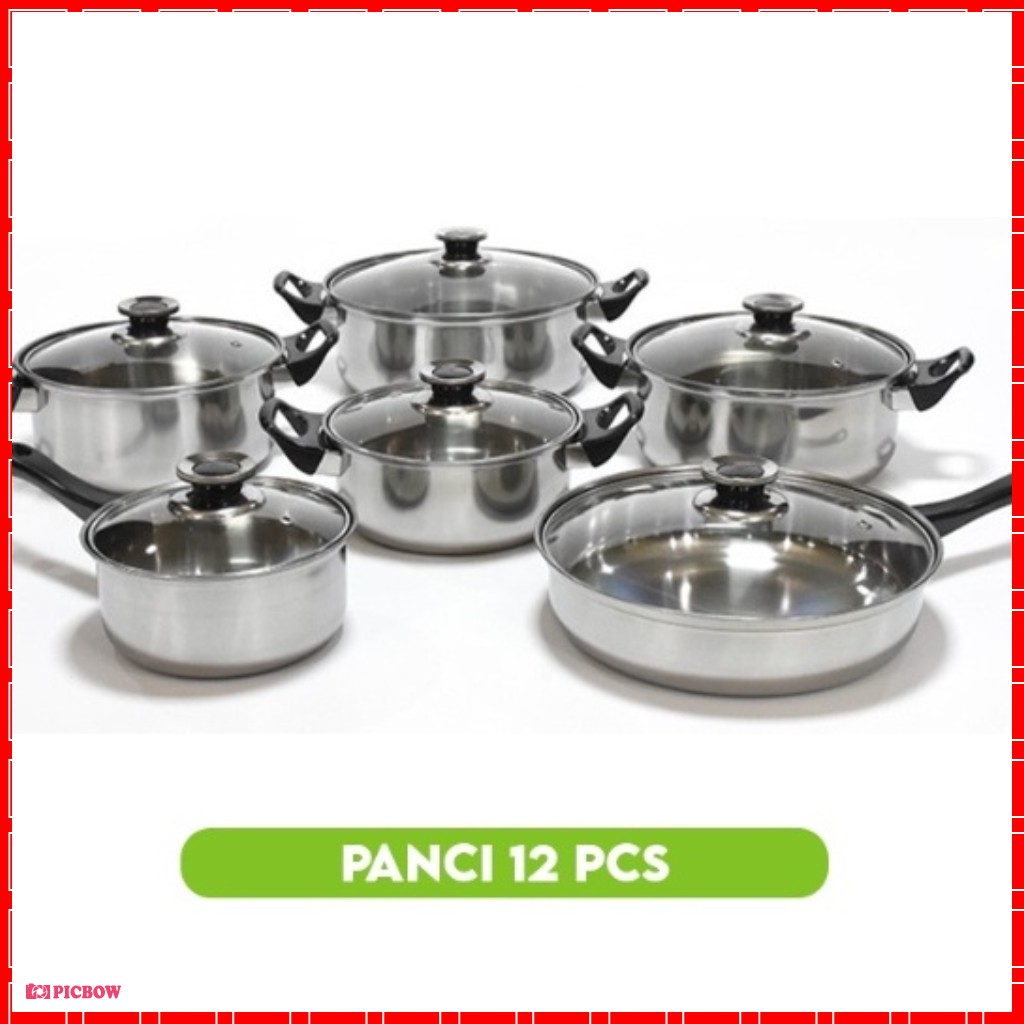 Panci Stainless 12pcs Tutup Kaca Tidak Karatan ADA BUBBLE TG-7 Wajan wok pan penggorengan