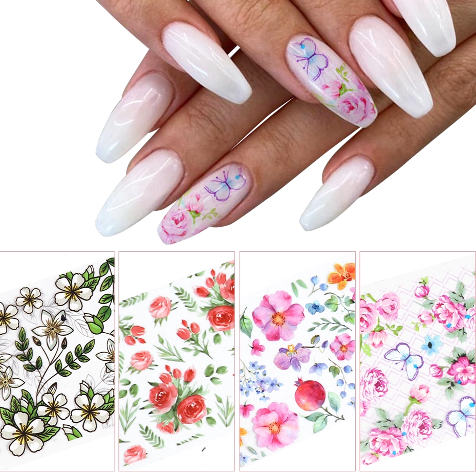 10 Lembar Stiker Kertas Foil Motif Bunga Mawar Campur Transfer Air Untuk Dekorasi Nail Art/Manicure