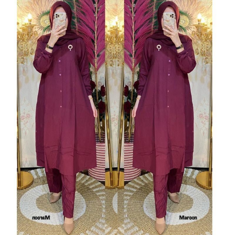 setelan tunik kancing depan baju muslimah ld 110