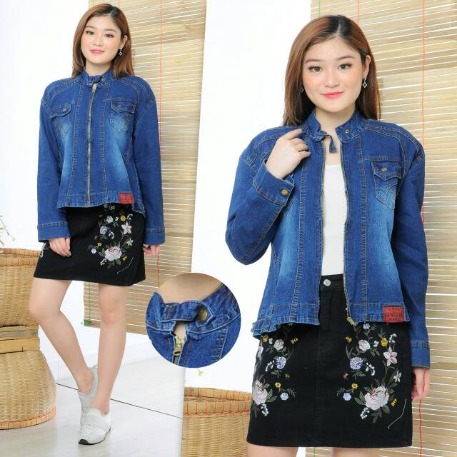 MC girl - Jaket Jeans Resleting Wanita /Jaket Jeans Sleting Warna Biru Tua / Jacket Lepis Kerah Tinggi Cewek / Jaket Denim Kerah Tegak / Jaket Kerah Shanghai korean Style Terbaru