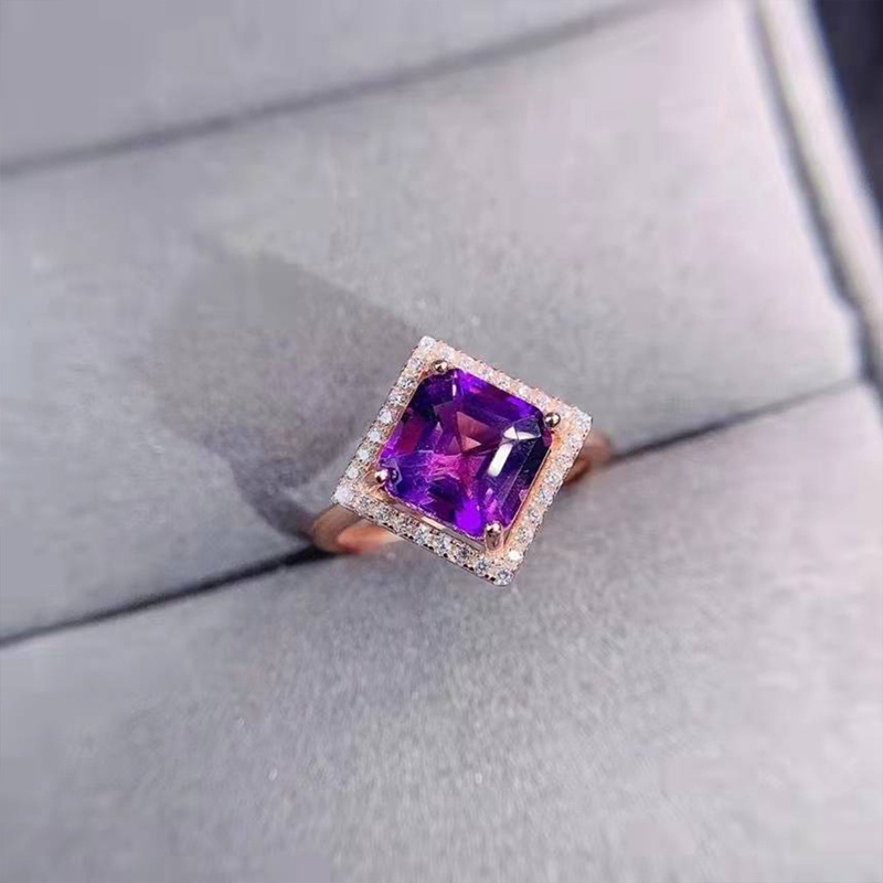 Cincin Wanita Hias Zircon AAA Bentuk Persegi Warna Ungu Gaya Korea Minimalis Untuk Pernikahan