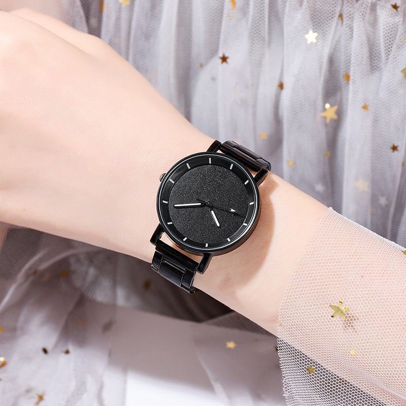 Jam Tangan Wanita Analog Quartz Casual Fashion Strap Rantai Hitam Stainless Steel Import Pria Murah