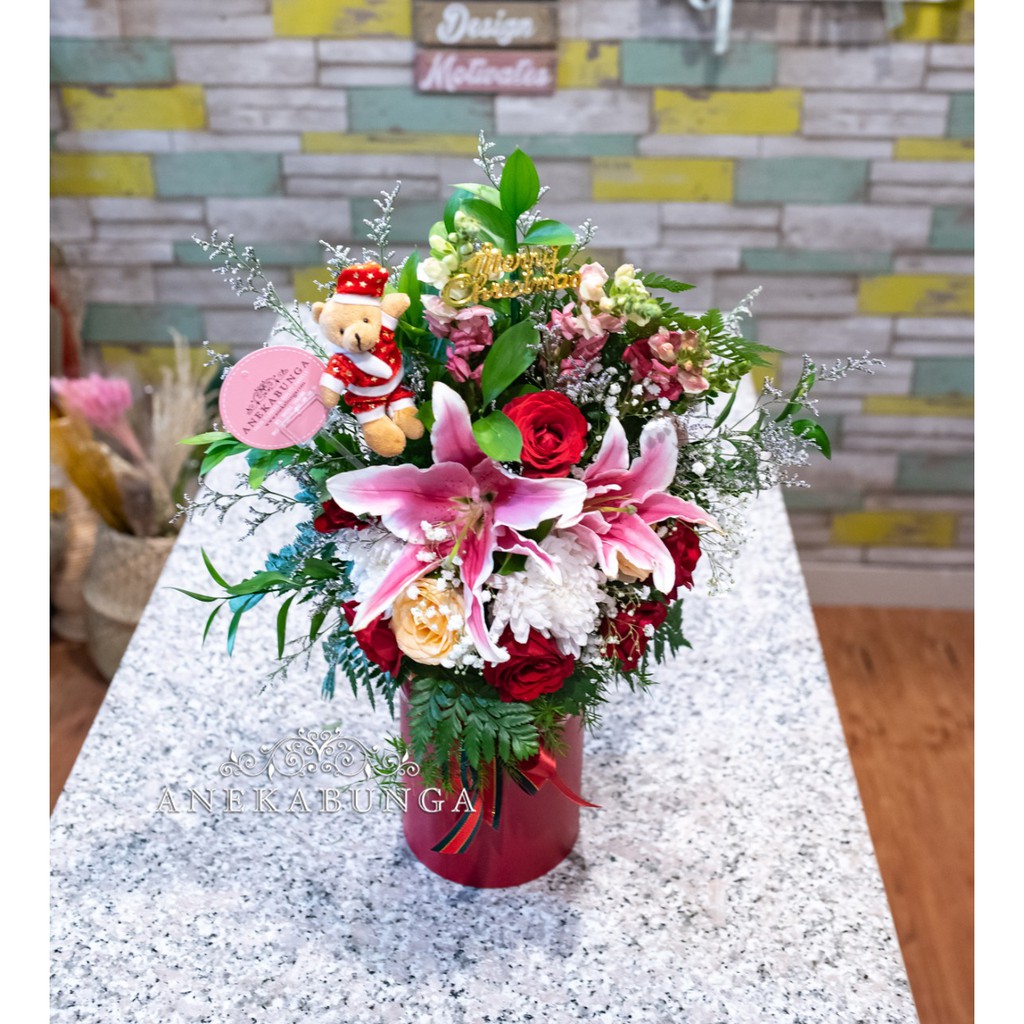 

Kado Bunga Natal Tahun Baru Hadiah Merry Christmas New Year Santa Teddy Bear Flower Box Xmas Gift