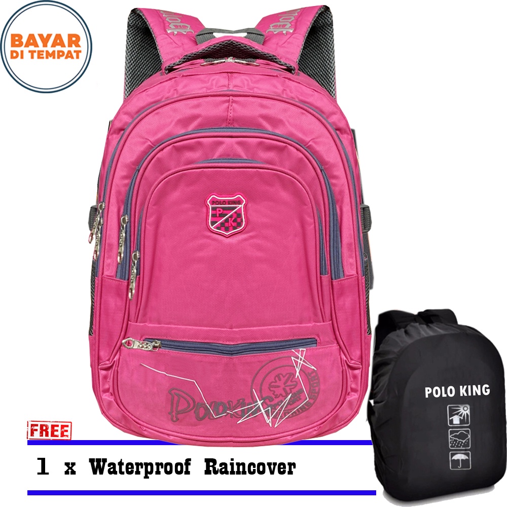 SHOPEE 6.6 SUPER SALE!! Tas Ransel Laptop Import POLO KING P-18510 Tas Ransel Sekolah SD SMP SMA - Pink +Bonus Raincover