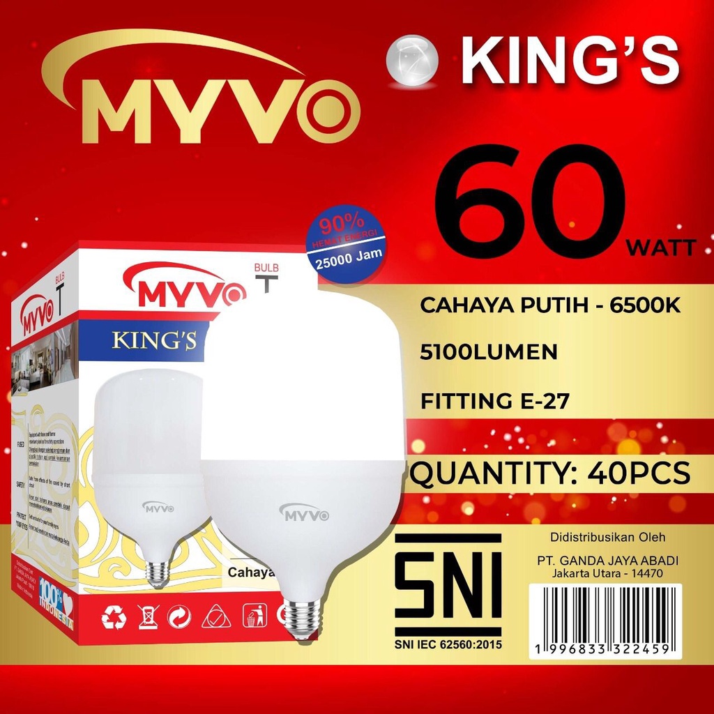 Lampu Led 60watt Jumbo Myvo King Capsule T Bulb Nyala Putih Bergaransi