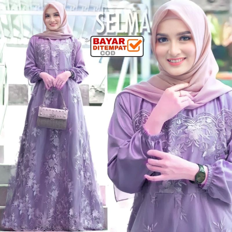 Size L XL XXL / Gamis Muslim Farasya / Maxi Brukat Selma Tulle Premium Jumbo Murah Brokat Navy Marun-Lilac