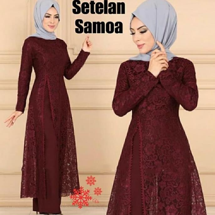 setelan tunik brukat baju muslim celana kulot panjang pesta mewah