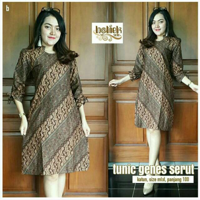 Tunik Genes Serut Dress Batik Sogan Modern Long Dress Seragam Kantor Pesta Muslim