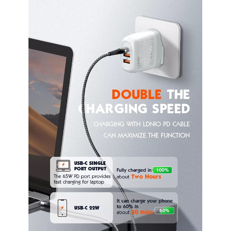 LDNIO A3511Q - 65W Super Fast Charging Adapter 3 USB Port PD QC 3.0