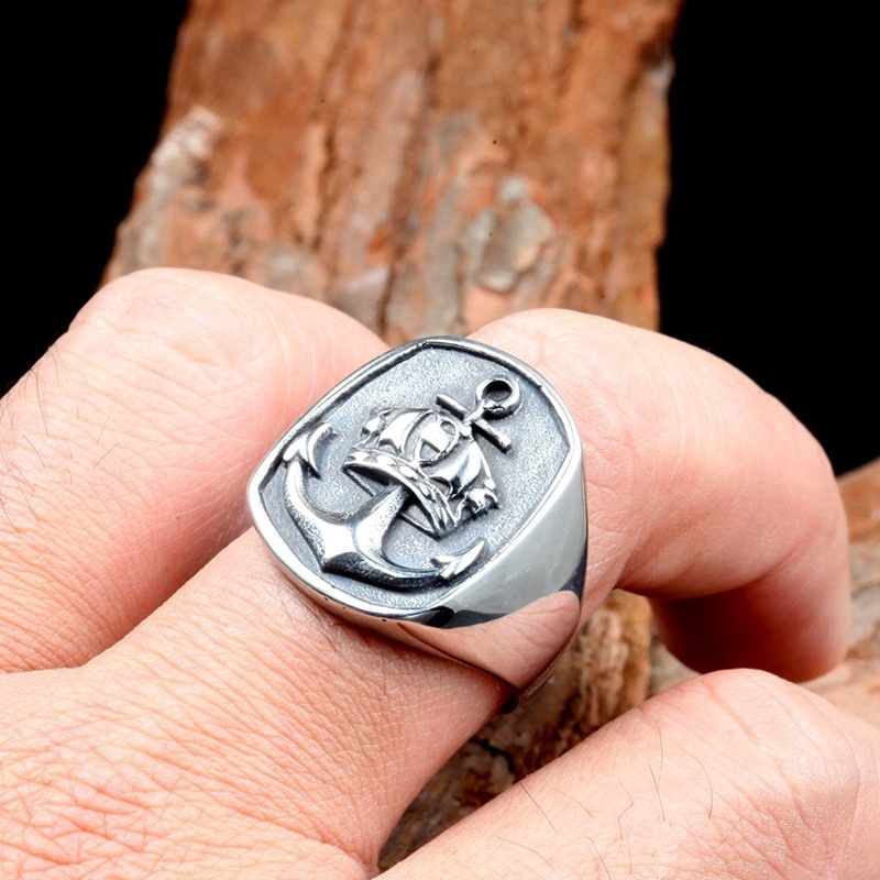 Cincin Desain Jangkar Navy Gaya Vintage Punk Untuk Pria