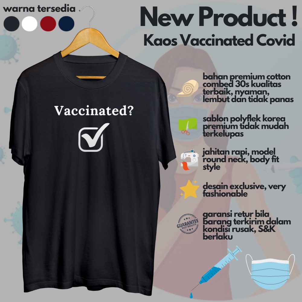 Kaos Pria Distro Tulisan Vaccinated Tanda Tanya Vaksin Virus Corona Covid 19 Cotton Combed Baju Tshi