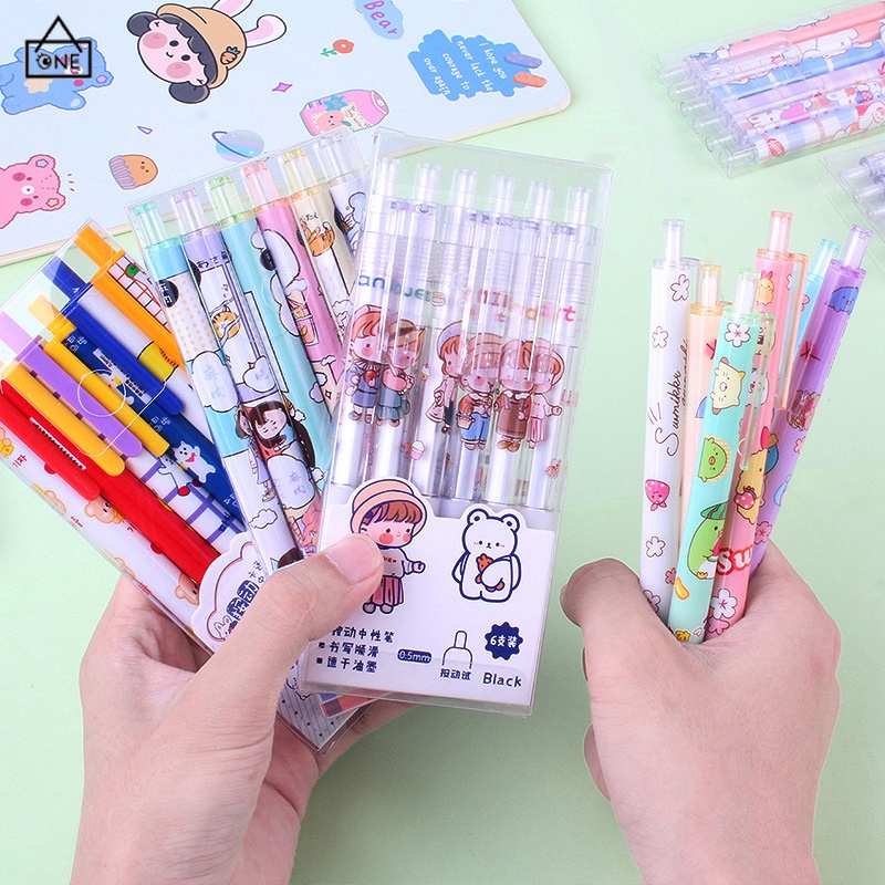 COD❤️6pcs/Set Gel Mekanik Motif Cartoon/ Pulpen Gel Mekanik Lucu Karakter/ Pulpen Aesthetic