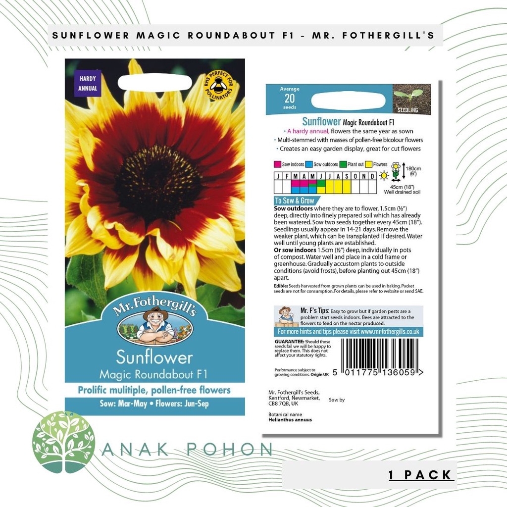 (1 PACK) Benih Sunflower Magic Roundabout F1 Seeds - Mr. Fothergill's - 20 Biji