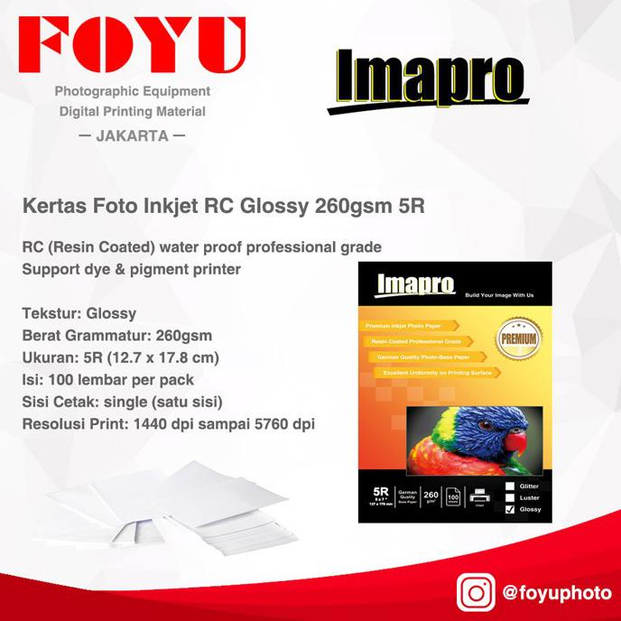 

KERTAS FOTO INKJET IMAPRO PROFESSIONAL RC GLOSSY WATER PROOF 260GSM 5R