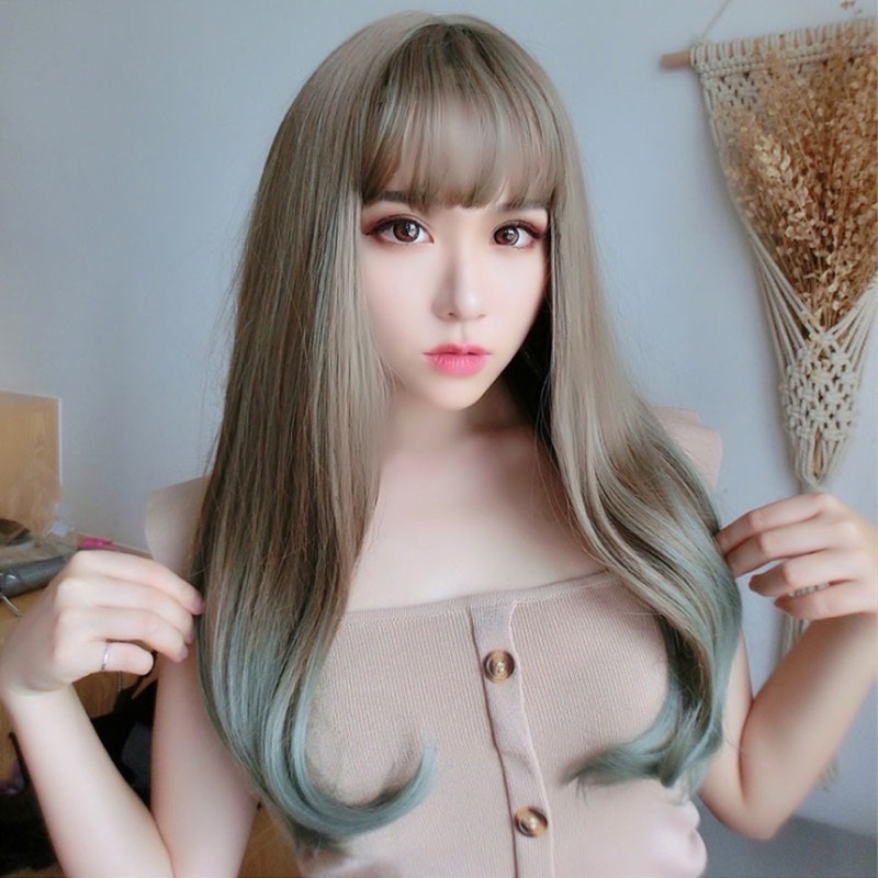 WIG AKEMI LURUS 60cm - OMBRE GREENISH GRAY  [ rambut palsu wanita panjang gaya korea model lurus nat
