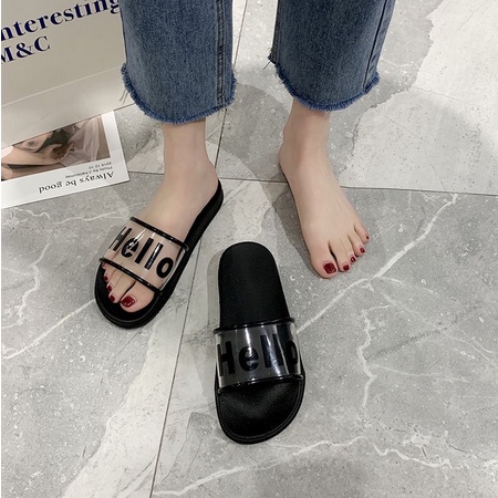 ONLYONE12 Sandal Jelly VIRAL !!! Sandal Wanita Slop Tulisan Hello / Sandal Slip On Cewek / Sandal Slop Karet Korea / Sendal Santai Rumahan