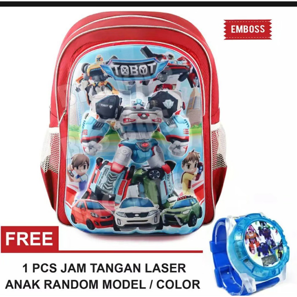 Tas Ransel Sekolah Embos 3D Anak Laki Laki Paud TK SD Free Jam Tangan Laser