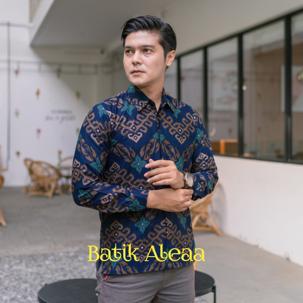 Batik Aleaa Couple Gamis Kemeja Songket zigzag Biru