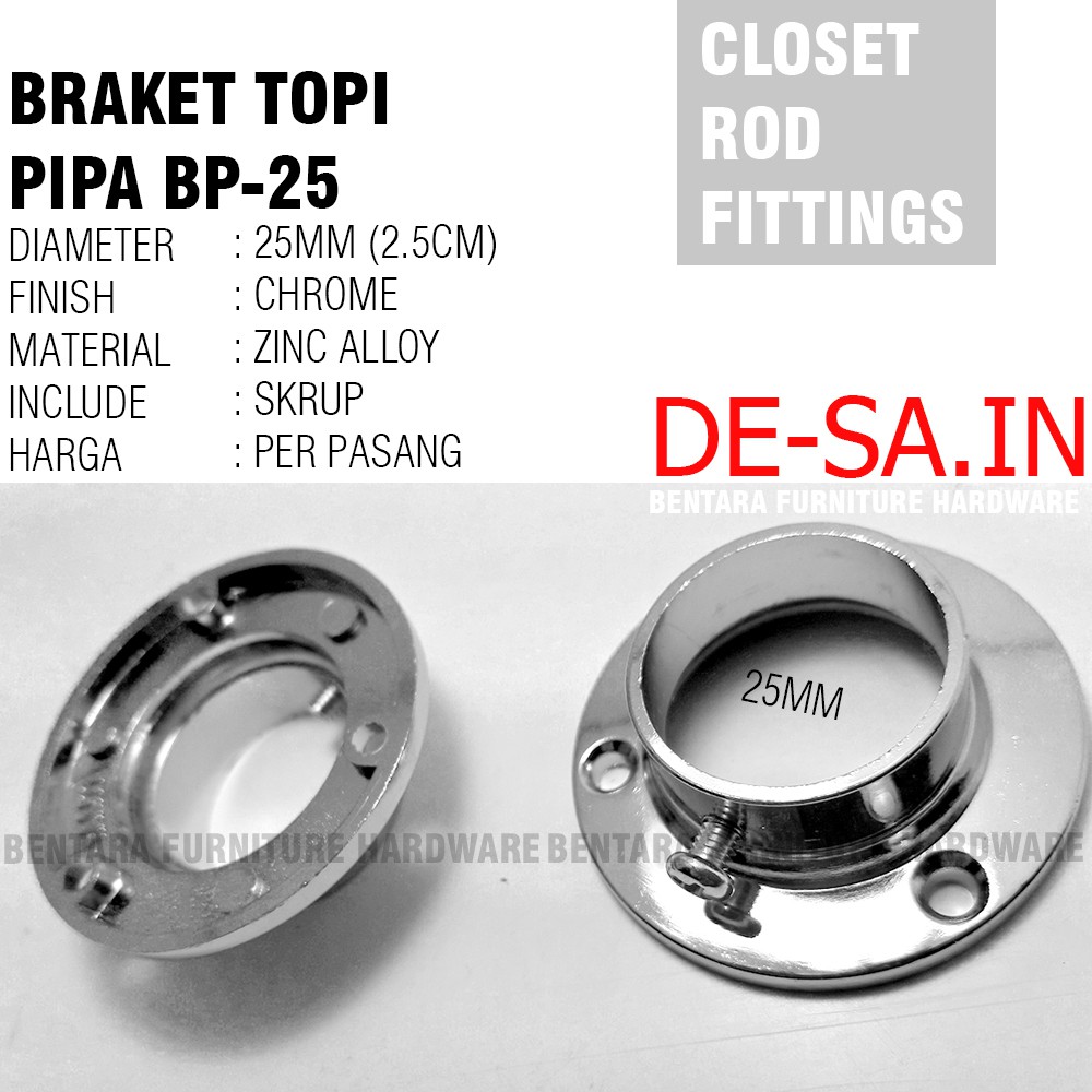 2 X Harfit BP-25 Braket Topi 1 Inchi BRAKET PIPA - Diameter 25MM (Kualitas Premium) (Include Skrup) Closet Rod