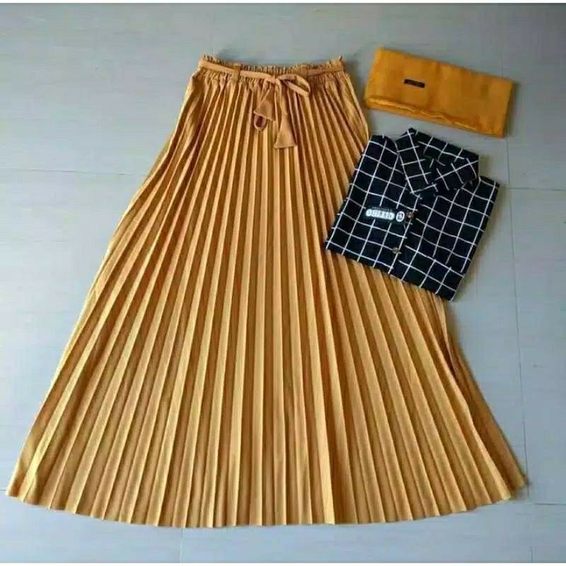 Set Monalisa Dewasa Murah (Kemeja monalisa motif kotak/rok plisket premium/hijab segi emat)
