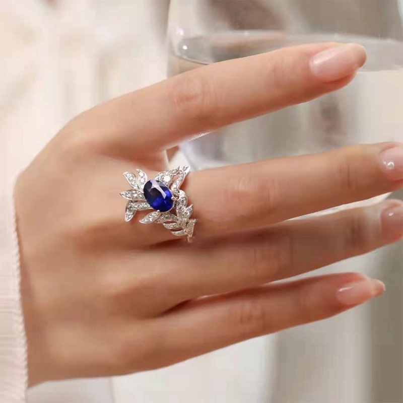 Cincin Bentuk Daun Geometris Bahan Cubic Zircon Warna Biru Gaya Korea Untuk Wanita