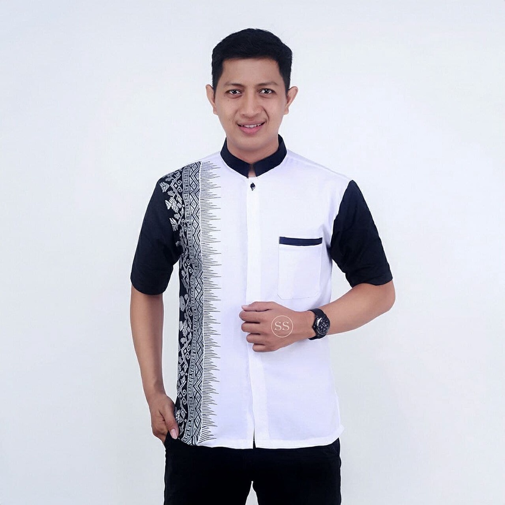 Baju Koko Pria Kombinasi Bordir Batik Lengan Pendek Motif Gitar Original Katun Halus Premium