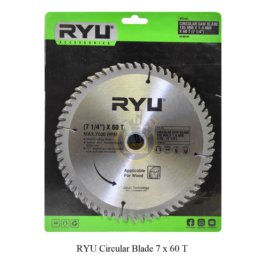 RYU Mata Circular Saw 7 inch x 24T  Mata Circle Ryu 7&quot; 7inch 7 inch x 40 T / 7 inch x 60 T / 7 inch x 80 T / Circular Saw Blade 7&quot; inch Mata Circle Mata Gergaji Putar 7 1/4&quot; X 24 T 40T 60T 80T untuk Kayu Mata Potong Gergaji Kayu TCT