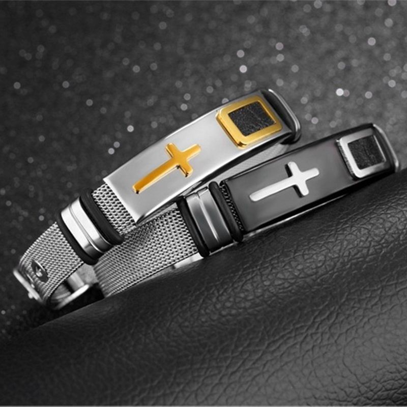 [Z H Perhiasan] Hip Hop Rock Retro Pria Fashion Stainless Steel Silikon Salib Gelang Pesta Perhiasan Aksesoris 17.5 Cm~21 cm