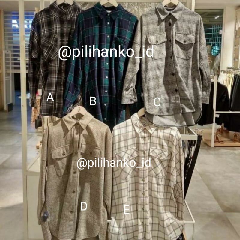 Kemeja Stradivarius Long Shirt Motif Kotak-kotakOriginal